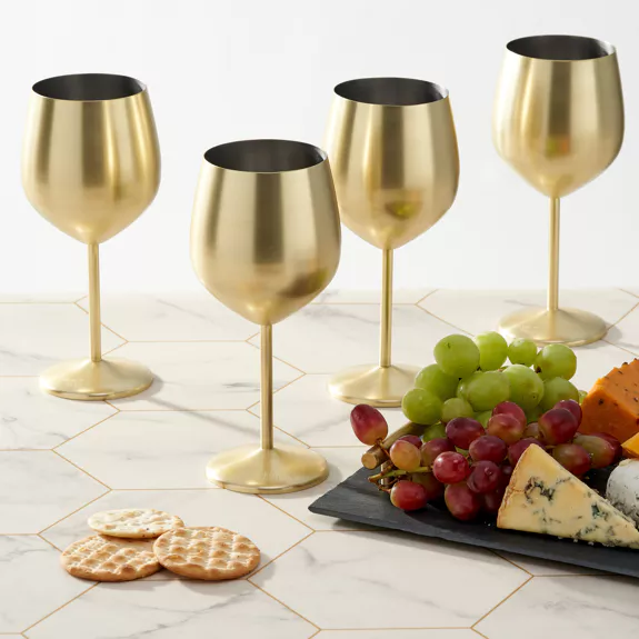 4 Gold Wine Glasses, 540 ml - Set in Shatterproof Glass in Matt Stainless Steel with Gift Box