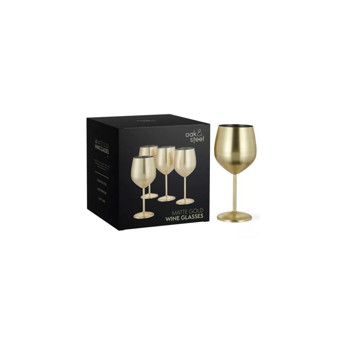 4 Gold Wine Glasses, 540 ml - Set in Shatterproof Glass in Matt Stainless Steel with Gift Box